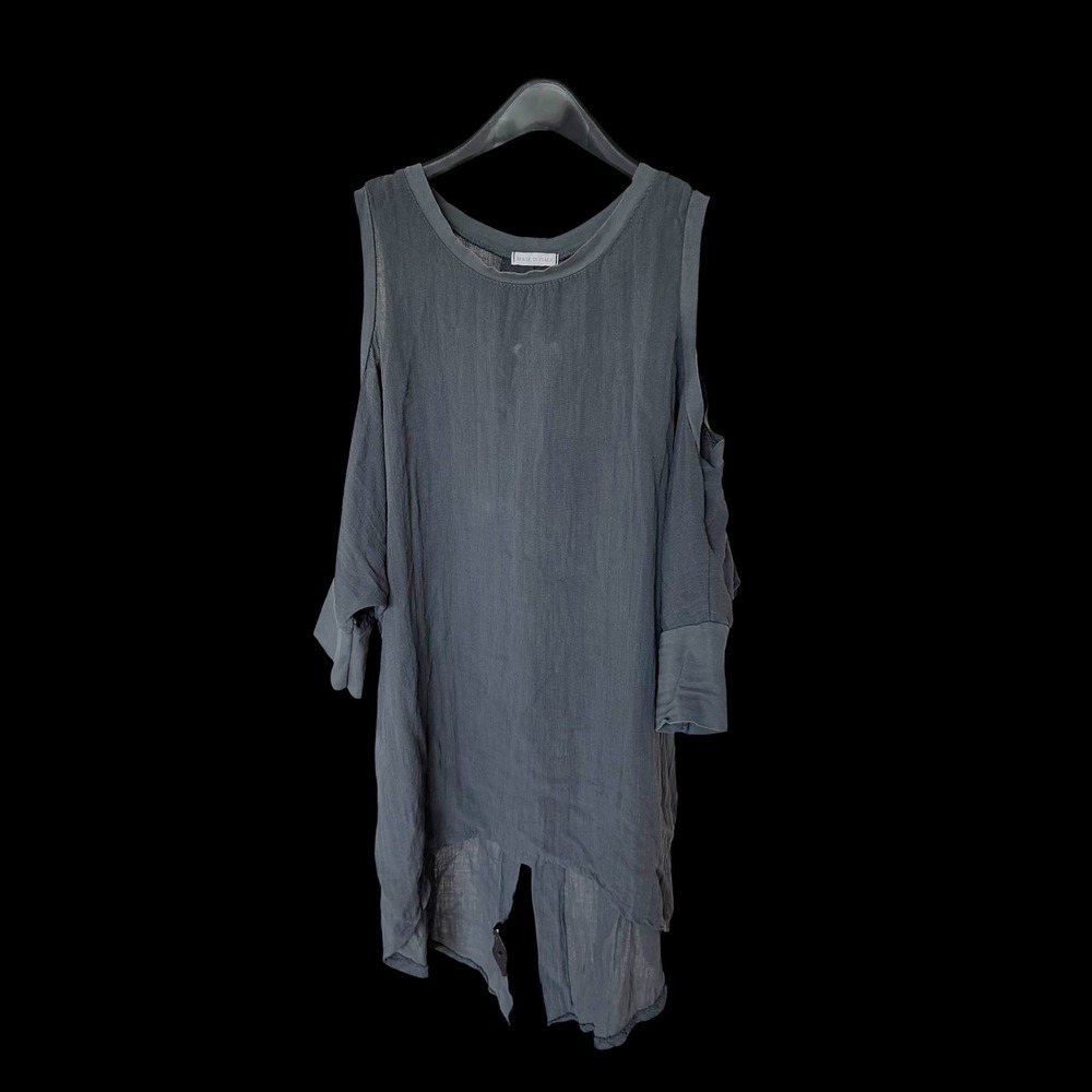 Lagenlook Made‎ in Italy Charcoal Cotton Lace Up Back Cold Shoulder Tunic Top